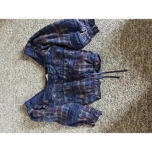 American Eagle Women's Navy Blue Lace and Plaid Long Sleeve Top